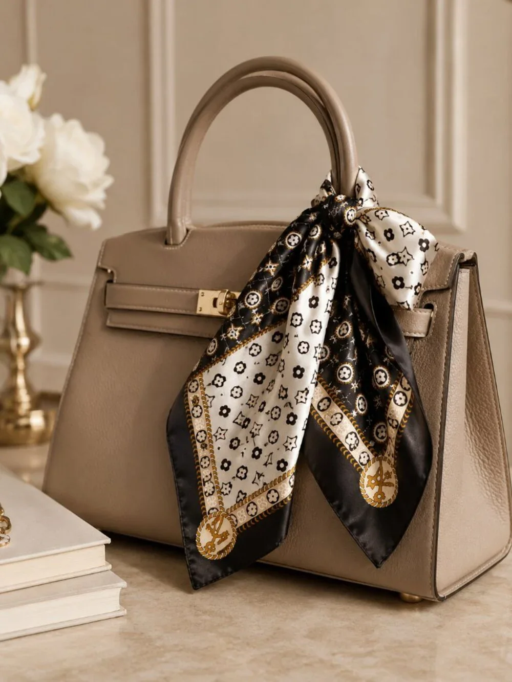 Black Ivory Gold Monogram Print Square Scarf Silky Satin Hair Neck Wrap